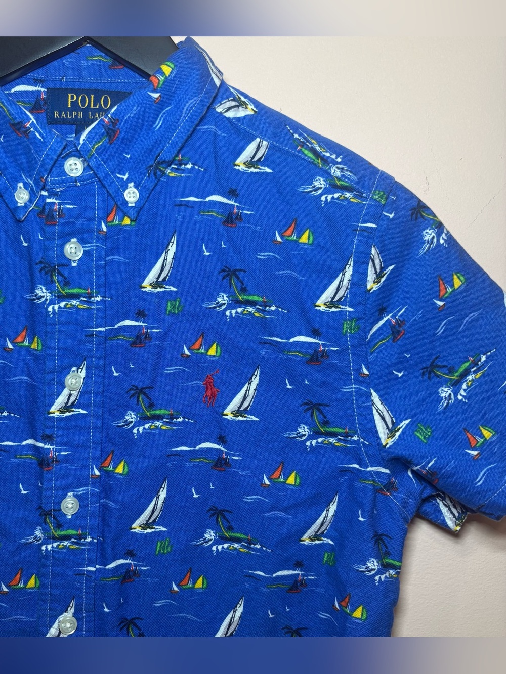 Polo Ralph Lauren Sailboat Nautical Button Up Shirt Youth Large Blue